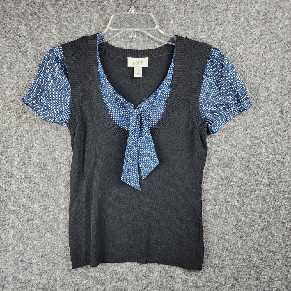 Loft Top Womens XS Mixed Media Bow Short Sleeve Black Blue 208087 EUC